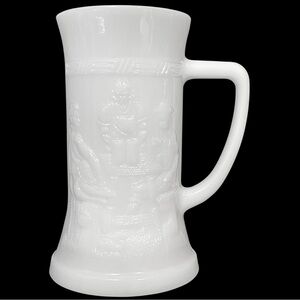Vintage 1950s Federal Glass White Milk Glass Beer Stein Tavern Scene Pattern